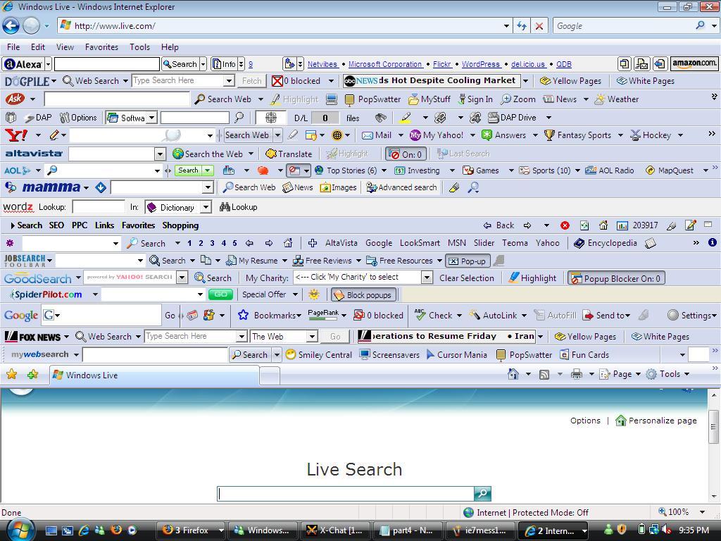 Example of Internet Explorer overwhelmed with extra tool bars, often loaded by 'free' software